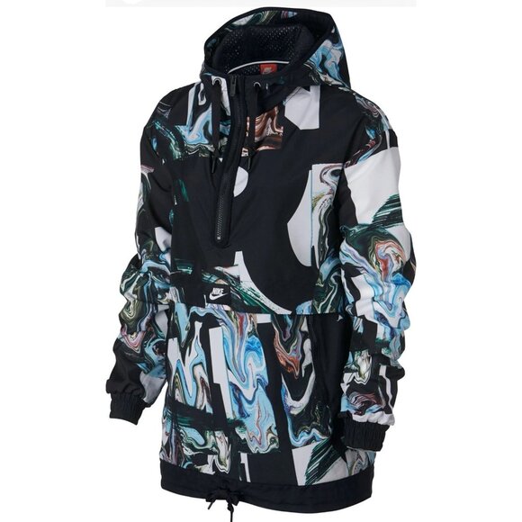 Nike Women's Hooded Half Zip Jacket Size L Black/Multi Marble-Print - Picture 1 of 10